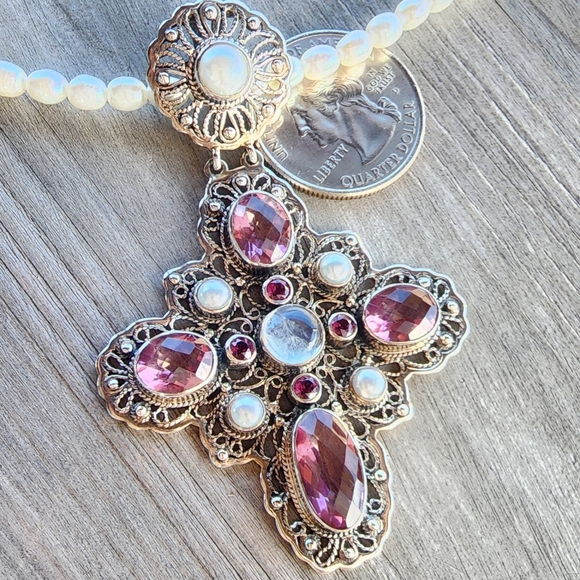 Nicky Butler Sterling Silver Pink Quartz Rhodolite Cross Pendant Pearl Necklace - Picture 5 of 16